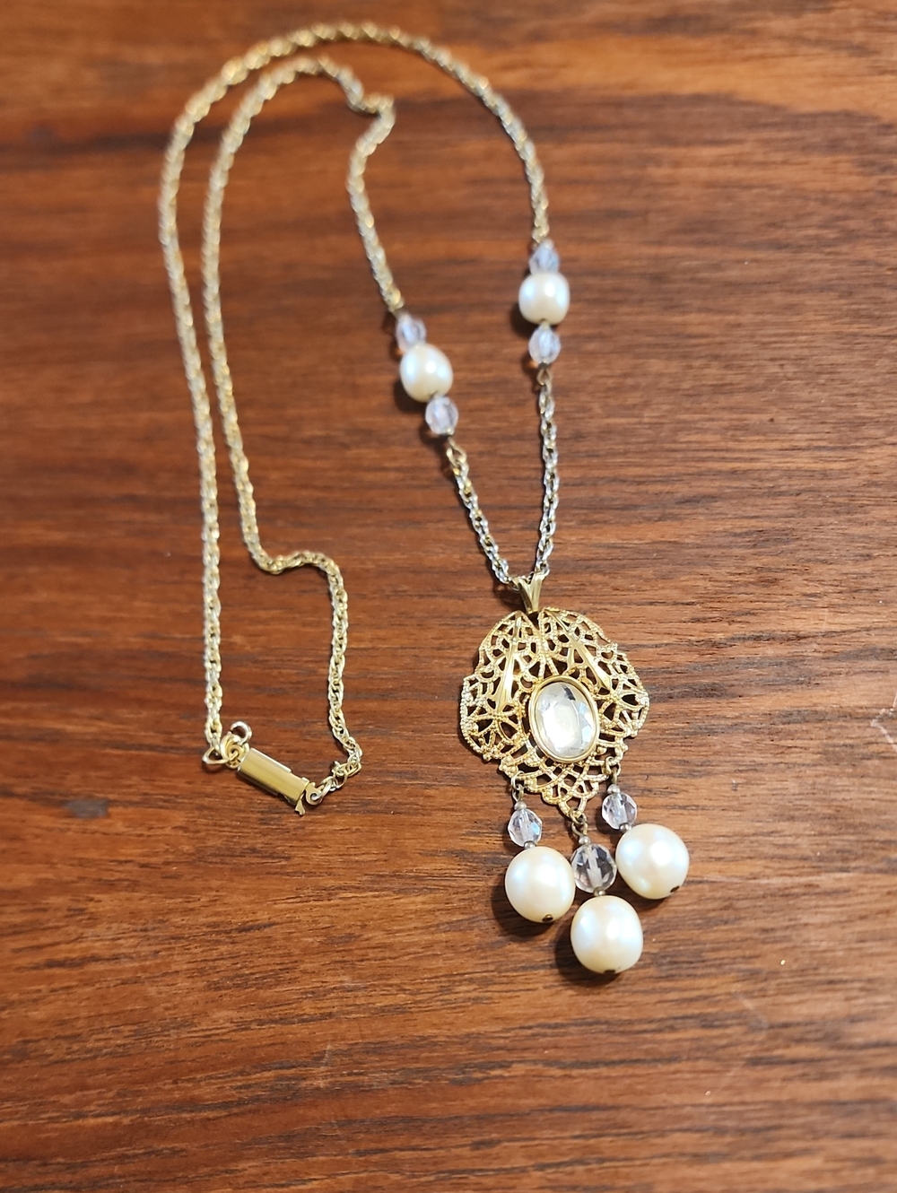 Gold Filigree Pearl Pendant Necklace with Crystal Accents